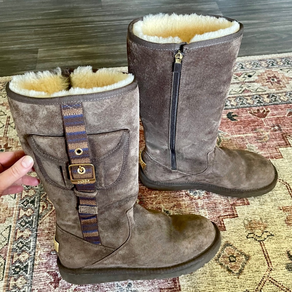 UGG Chocolate Suede Boots with Gold Accent